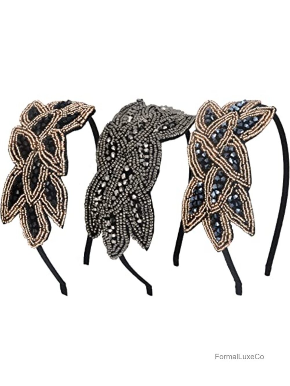 Vintage Flapper Headband Rhinestone Beaded Leaf Hair Accessory Set of 3